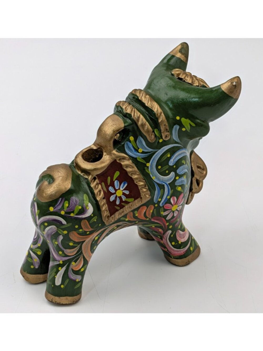 Peruvian Green Pucara Bull 4.5" Folk Art Ceramic Multicolor Peru Figurine - Picture 6 of 10